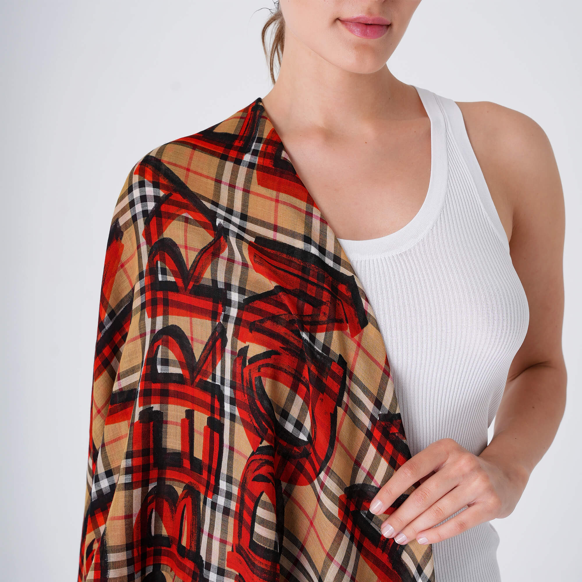 Burberry - Beige Check&England Logo Print Square Shawl